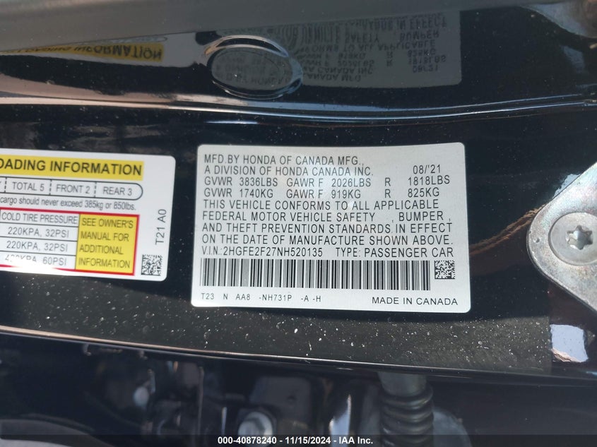 2022 HONDA CIVIC(VIN: 2HGFE2F27NH520135