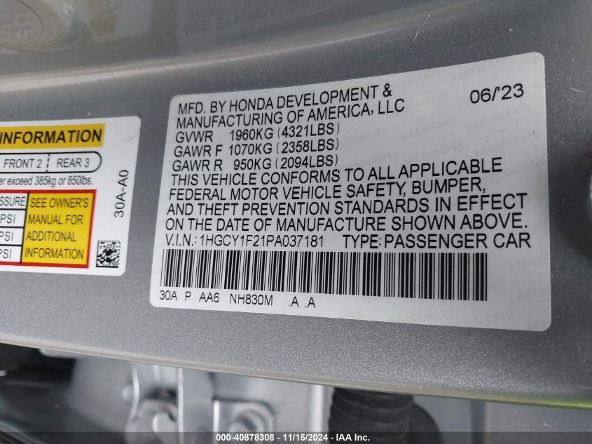 2023 HONDA ACCORD VIN: 1HGCY1F21PA037181