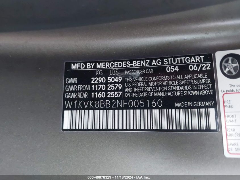 2022 Mercedes-Benz Sl 63 Amg VIN: W1KVK8BB2NF005160 Lot: 40878329