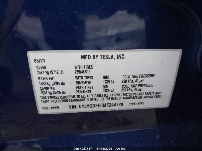 2021 Tesla Model Y Long Range Dual Motor All-Wheel Drive VIN: 5YJYGDEE5MS244728 Lot: 40878371