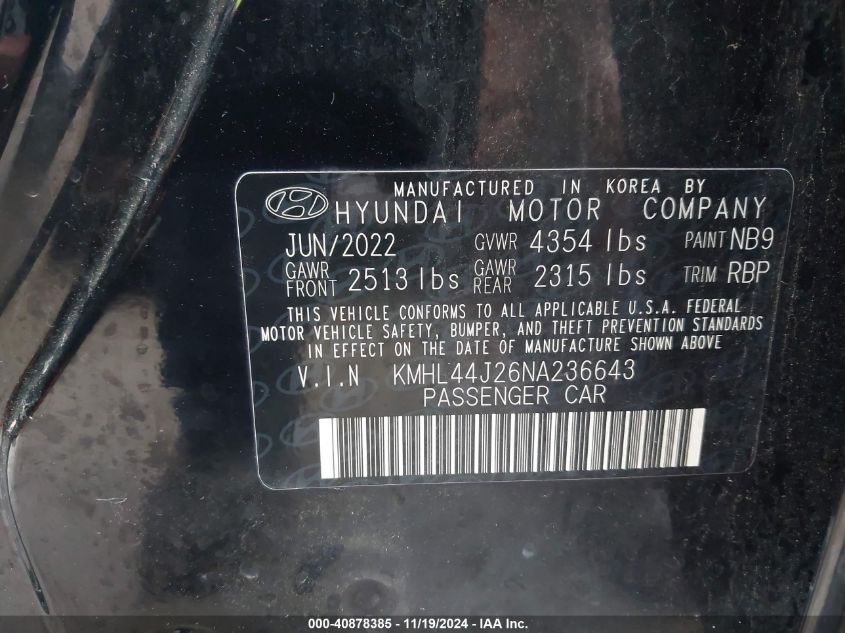 2022 Hyundai Sonata Sel Plus VIN: KMHL44J26NA236643 Lot: 40878385