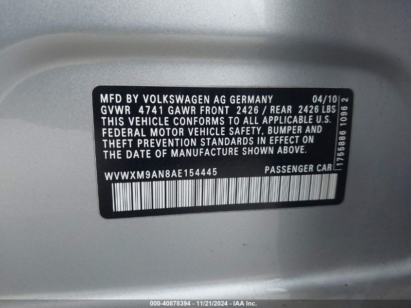 2010 Volkswagen Passat Komfort VIN: WVWXM9AN8AE154445 Lot: 40878394