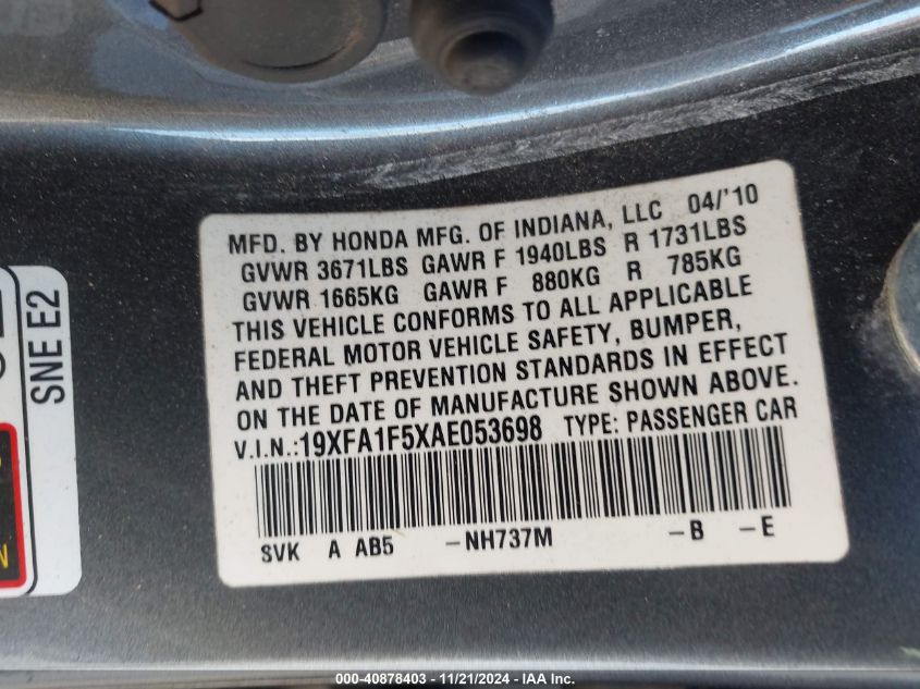 2010 Honda Civic Lx VIN: 19XFA1F5XAE053698 Lot: 40878403