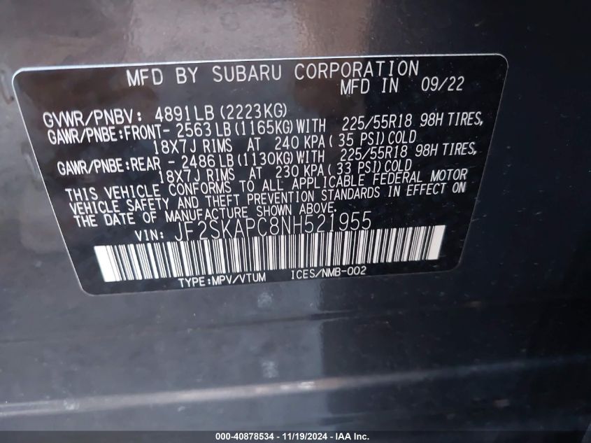 2022 Subaru Forester Limited VIN: JF2SKAPC8NH521955 Lot: 40878534