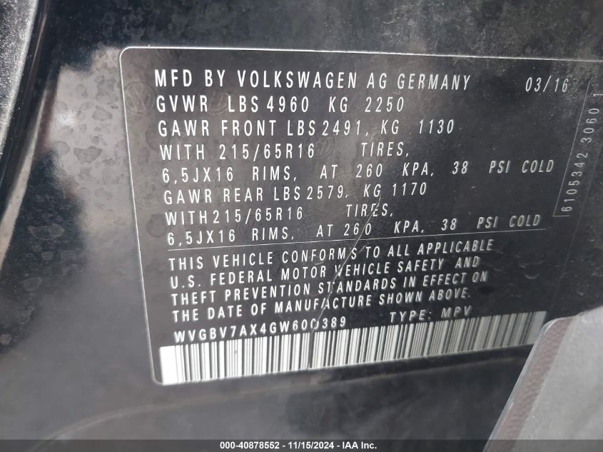 2016 Volkswagen Tiguan S VIN: WVGBV7AX4GW600389 Lot: 40878552