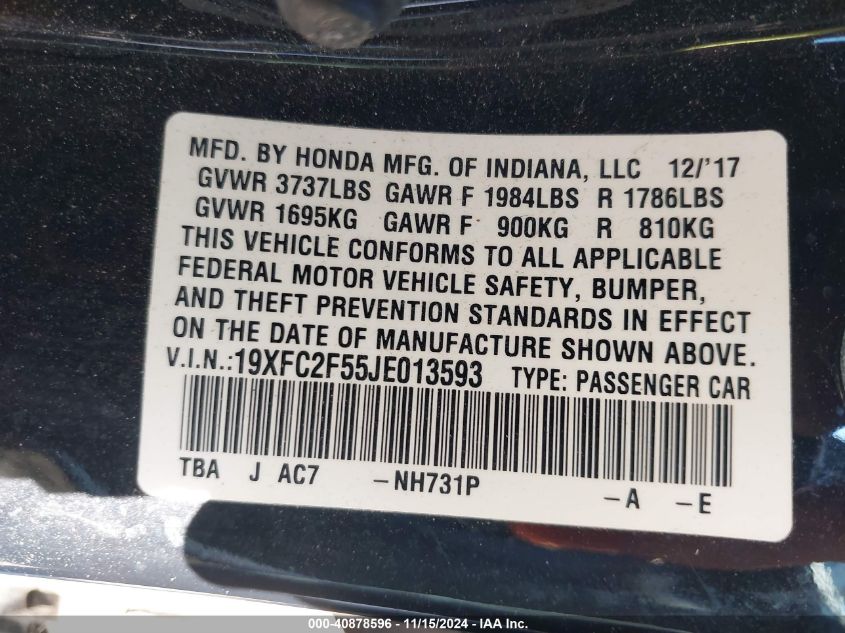 2018 Honda Civic Lx VIN: 19XFC2F55JE013593 Lot: 40878596