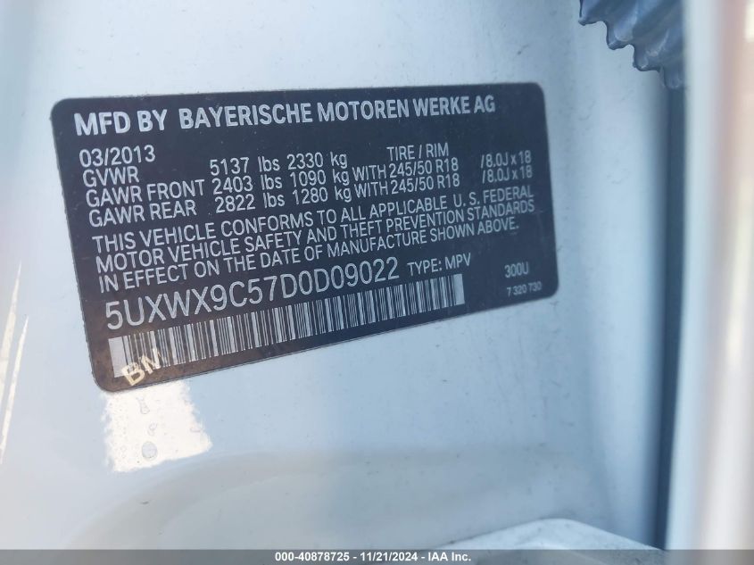 2013 BMW X3 xDrive28I VIN: 5UXWX9C57D0D09022 Lot: 40878725