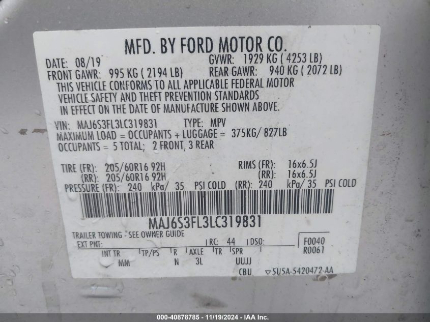 2020 Ford Ecosport S VIN: MAJ6S3FL3LC319831 Lot: 40878785