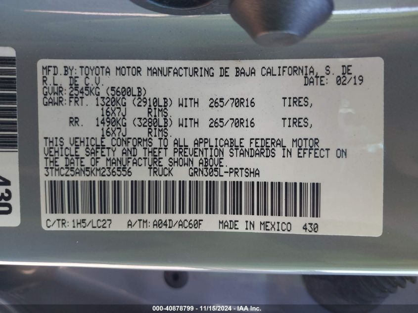 2019 TOYOTA TACOMA TRD OFF ROAD - 3TMCZ5AN5KM236556