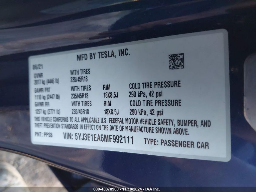 2021 Tesla Model 3 Standard Range Plus Rear-Wheel Drive VIN: 5YJ3E1EA6MF992111 Lot: 40878980