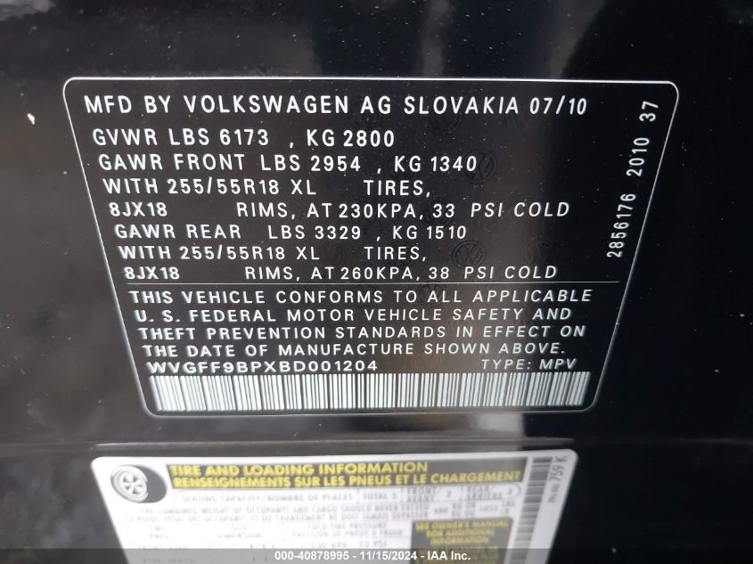 2011 Volkswagen Touareg Vr6 Sport VIN: WVGFF9BPXBD001204 Lot: 40878995