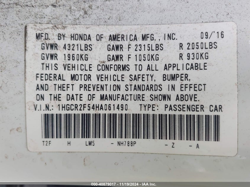 2017 HONDA ACCORD VIN: 1HGCR2F54HA061490