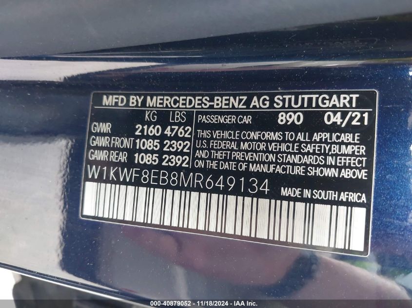 2021 Mercedes-Benz C 300 4Matic VIN: W1KWF8EB8MR649134 Lot: 40879052