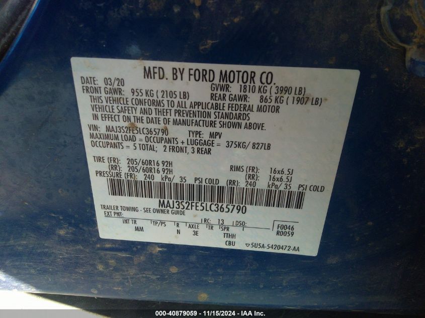 2020 Ford Ecosport S VIN: MAJ3S2FE5LC365790 Lot: 40879059