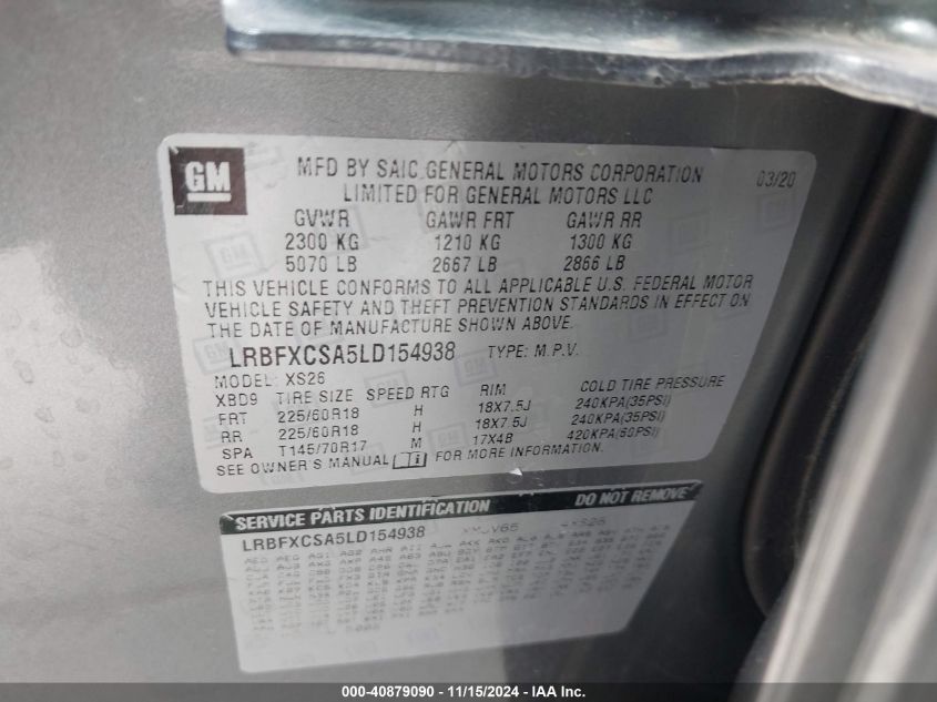 2020 Buick Envision Fwd Essence VIN: LRBFXCSA5LD154938 Lot: 40879090