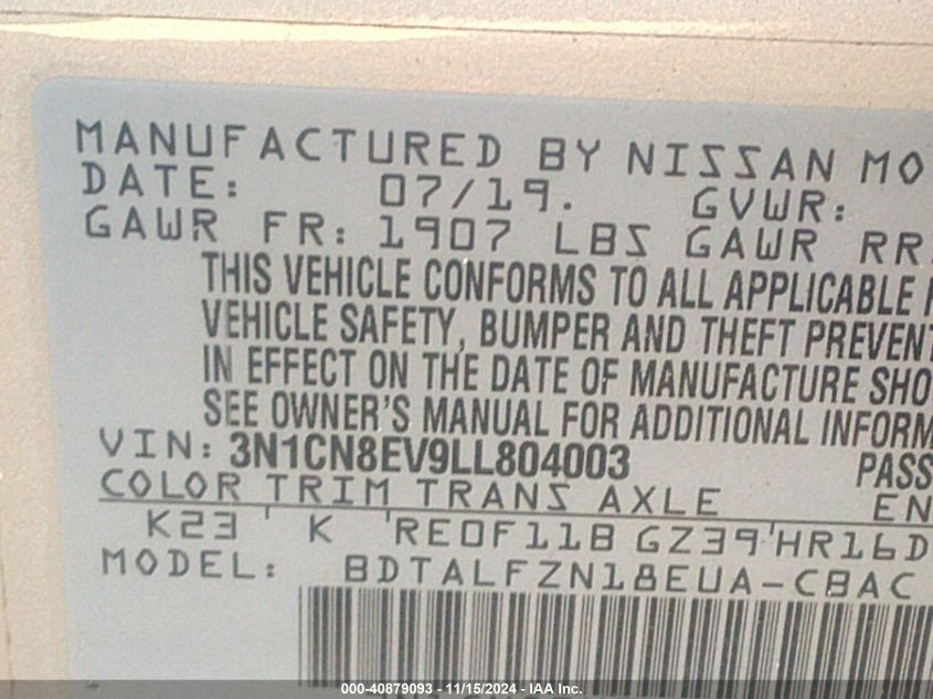 2020 NISSAN VERSA VIN: 3N1CN8EV9LL804003