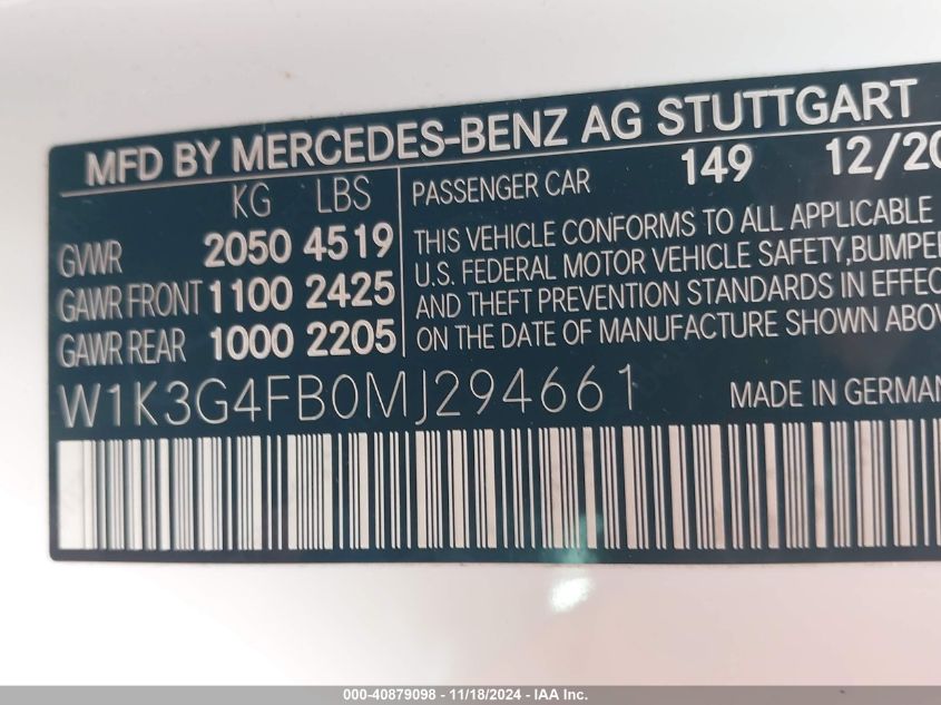 2021 Mercedes-Benz A 220 4Matic VIN: W1K3G4FB0MJ294661 Lot: 40879098