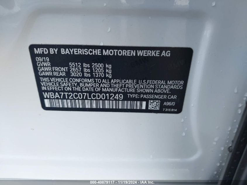 2020 BMW 740I VIN: WBA7T2C07LCD01249 Lot: 40879117