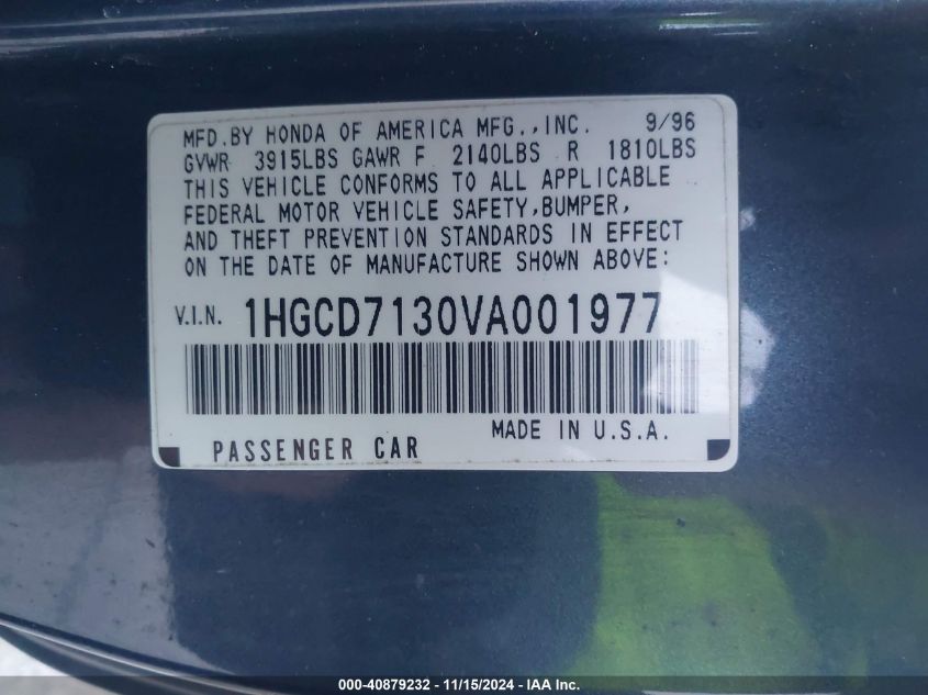 1997 Honda Accord Lx VIN: 1HGCD7130VA001977 Lot: 40879232