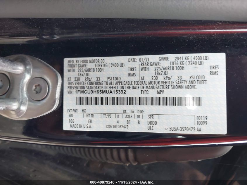 2021 Ford Escape Sel VIN: 1FMCU9H65MUA15392 Lot: 40879240