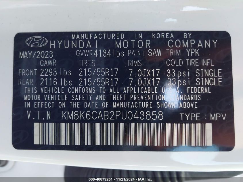 2023 Hyundai Kona Sel VIN: KM8K6CAB2PU043858 Lot: 40879251