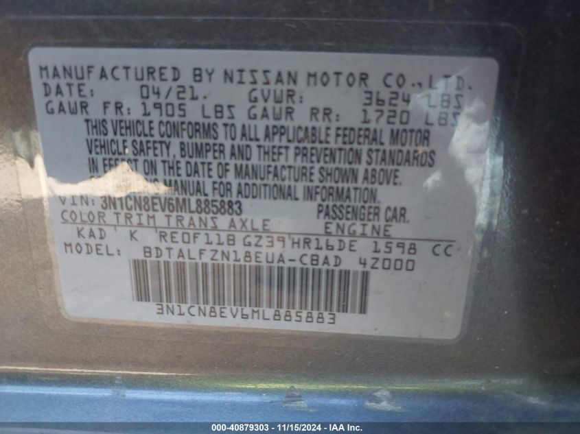 2021 Nissan Versa Sv Xtronic Cvt VIN: 3N1CN8EV6ML885883 Lot: 40879303