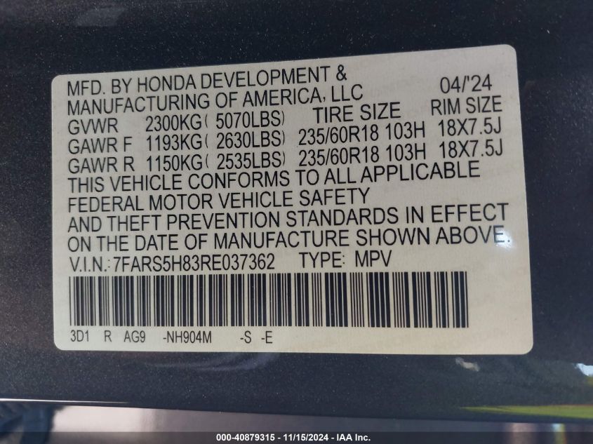 2024 Honda Cr-V Hybrid Sport-L VIN: 7FARS5H83RE037362 Lot: 40879315