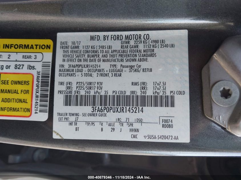 2018 Ford Fusion Se Phev VIN: 3FA6P0PUXJR145214 Lot: 40879346