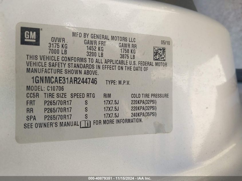 2010 Chevrolet Tahoe Ls VIN: 1GNMCAE31AR244746 Lot: 40879351