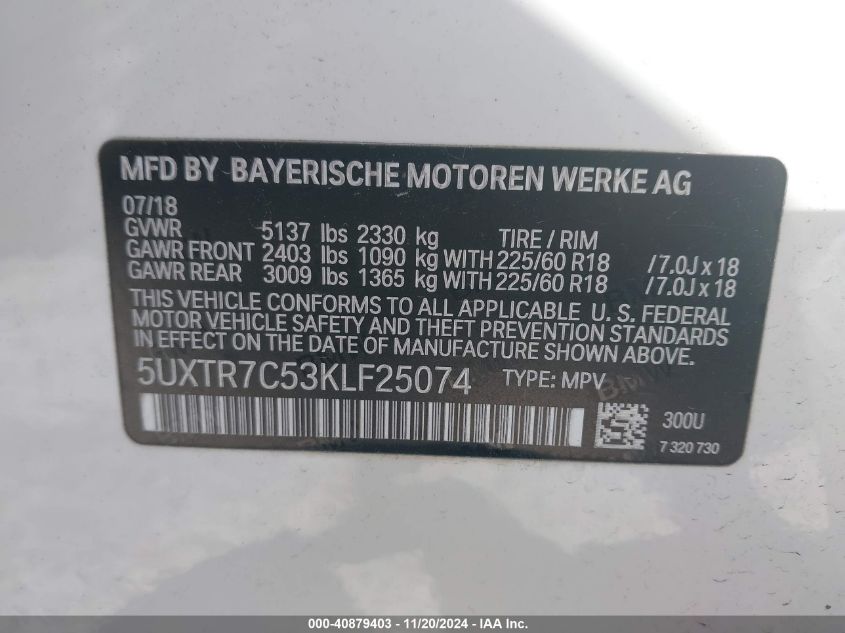 VIN 5UXTR7C53KLF25074 2019 BMW X3, Sdrive30I no.9