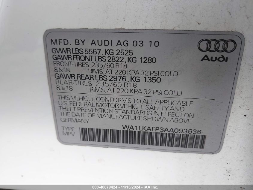 2010 Audi Q5 3.2 Premium VIN: WA1LKAFP3AA093636 Lot: 40879424