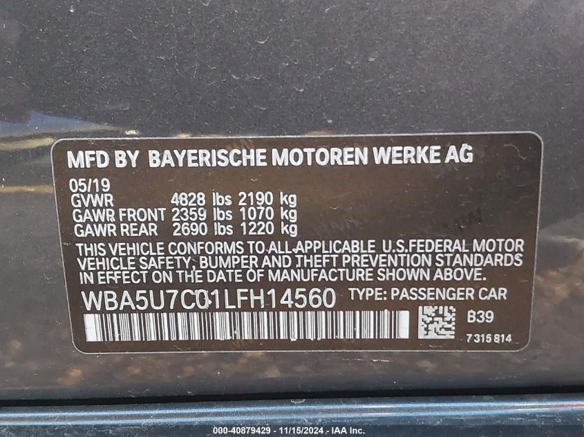 2020 BMW 3 Series M340I VIN: WBA5U7C01LFH14560 Lot: 40879429