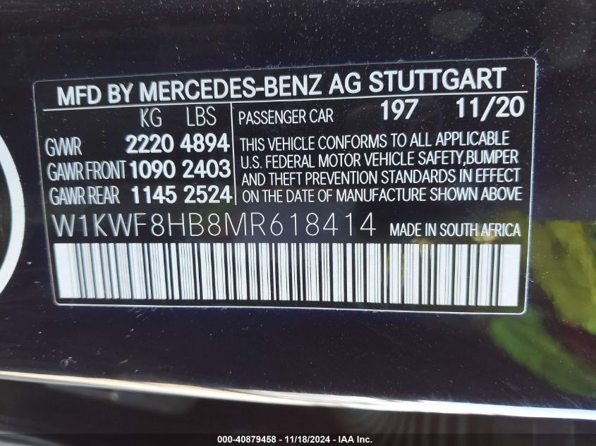 2021 Mercedes-Benz Amg C 63 S VIN: W1KWF8HB8MR618414 Lot: 40879458