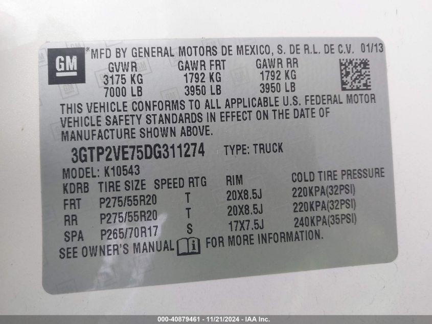 2013 GMC Sierra 1500 Sle VIN: 3GTP2VE75DG311274 Lot: 40879461