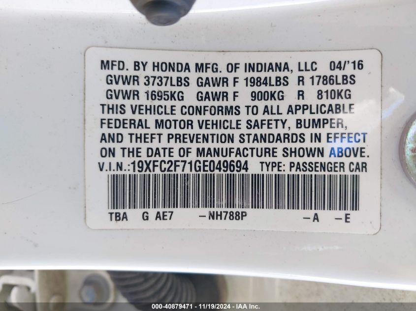 VIN 19XFC2F71GE049694 2016 Honda Civic, EX no.9