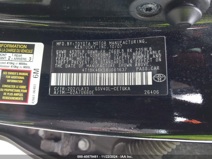 2008 TOYOTA CAMRY VIN: 4T1BK46K58U061637