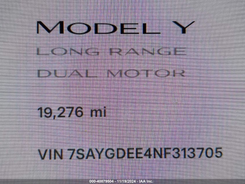 2022 Tesla Model Y Long Range Dual Motor All-Wheel Drive VIN: 7SAYGDEE4NF313705 Lot: 40879504