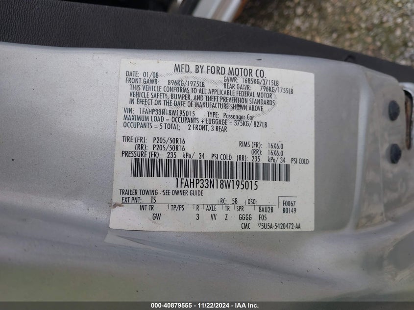 2008 FORD FOCUS VIN: 1FAHP33N18W195015