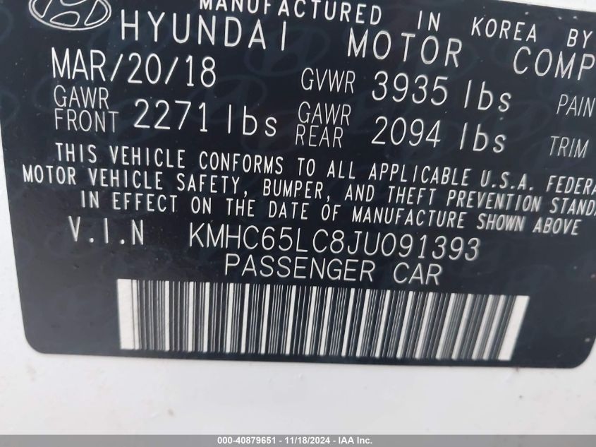 2018 Hyundai Ioniq Hybrid Blue VIN: KMHC65LC8JU091393 Lot: 40879651