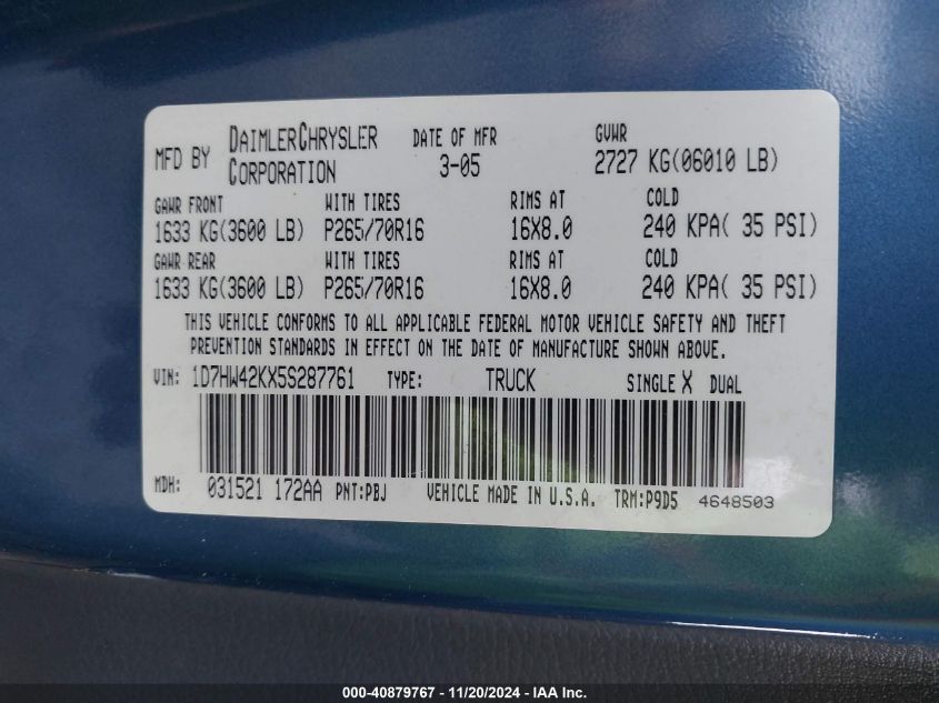 2005 Dodge Dakota Slt VIN: 1D7HW42KX5S287761 Lot: 40879767