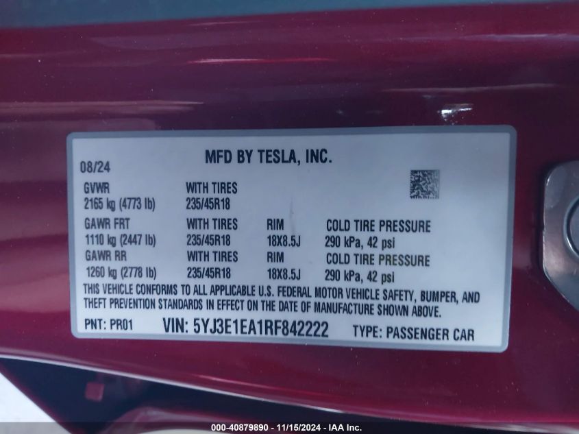 VIN 5YJ3E1EA1RF842222 2024 Tesla Model 3, Rear-Whee... no.9