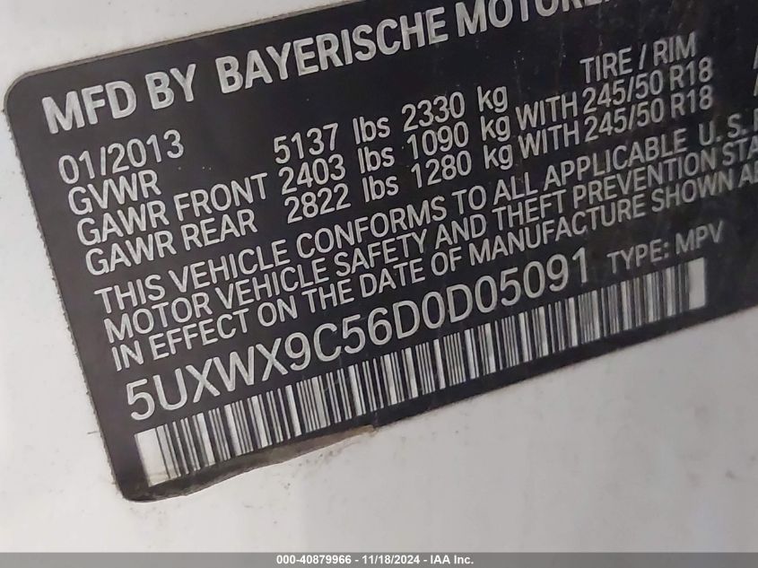 2013 BMW X3 xDrive28I VIN: 5UXWX9C56D0D05091 Lot: 40879966