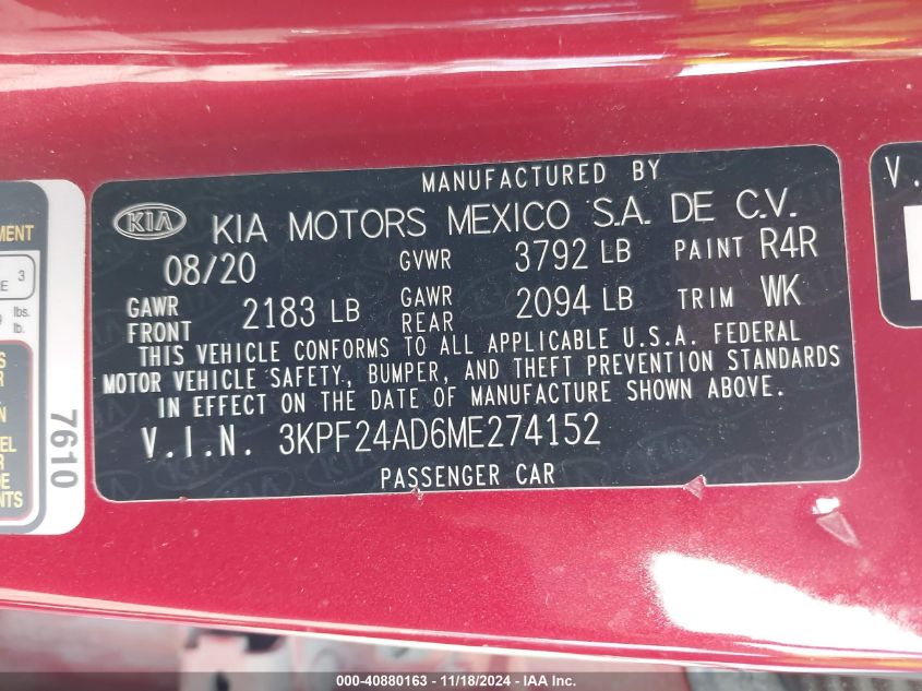 2021 Kia Forte Lxs VIN: 3KPF24AD6ME274152 Lot: 40880163