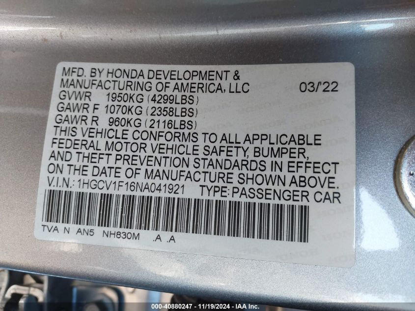 2022 Honda Accord Lx VIN: 1HGCV1F16NA041921 Lot: 40880247