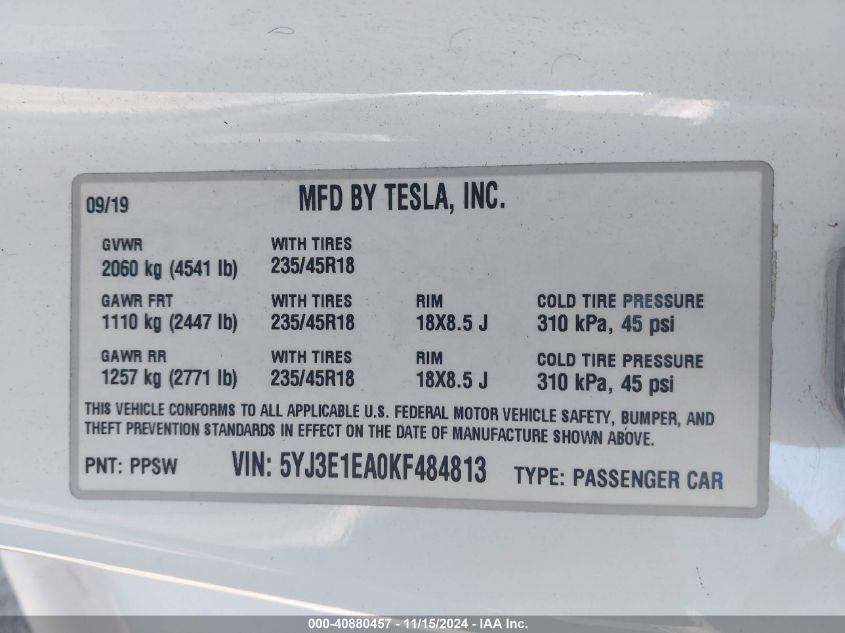 2019 Tesla Model 3 Long Range/Mid Range/Standard Range/Standard Range Plus VIN: 5YJ3E1EA0KF484813 Lot: 40880457