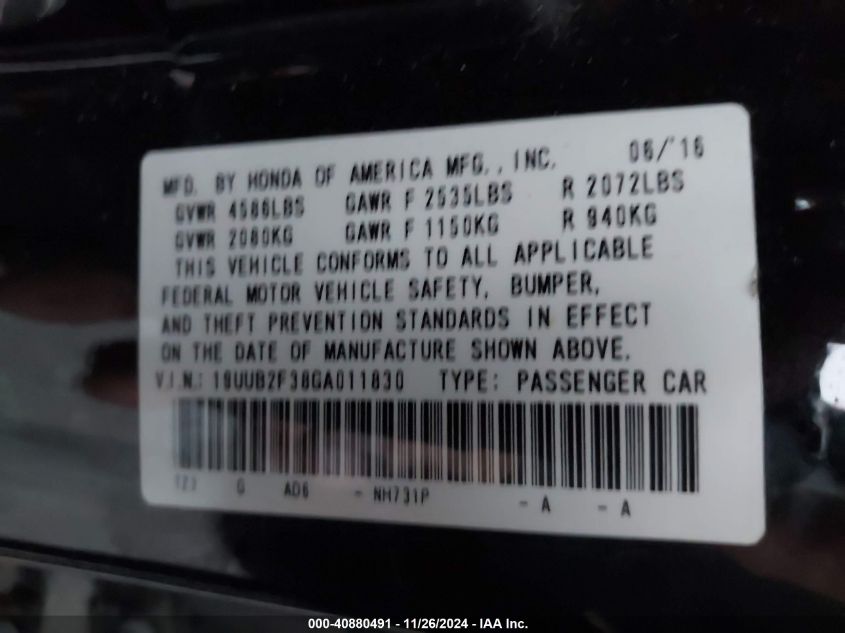 2016 Acura Tlx V6 VIN: 19UUB2F38GA011830 Lot: 40880491