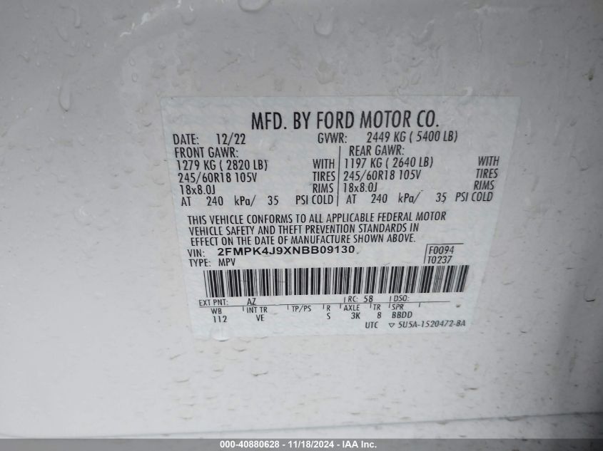 VIN 2FMPK4J9XNBB09130 2022 FORD EDGE no.9