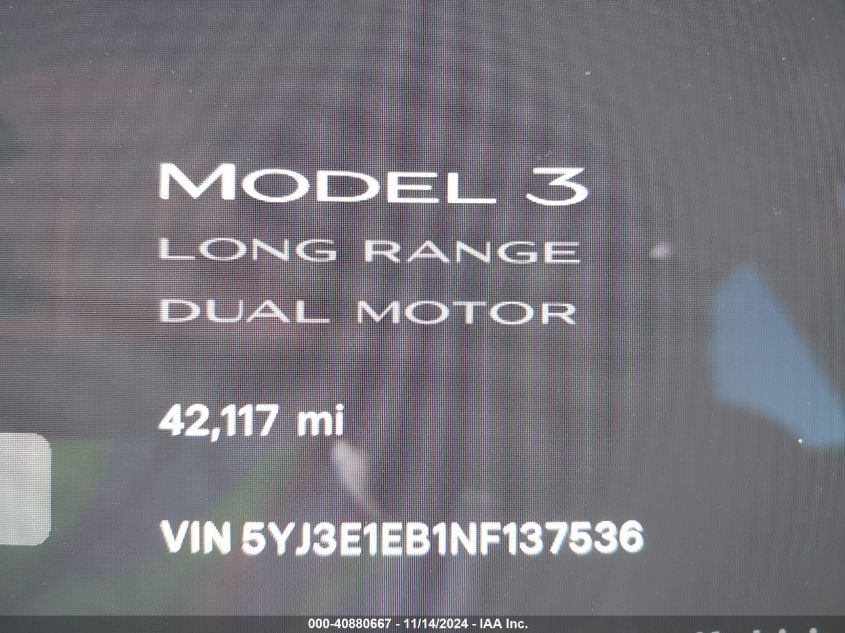 2022 Tesla Model 3 Long Range Dual Motor All-Wheel Drive VIN: 5YJ3E1EB1NF137536 Lot: 40880667