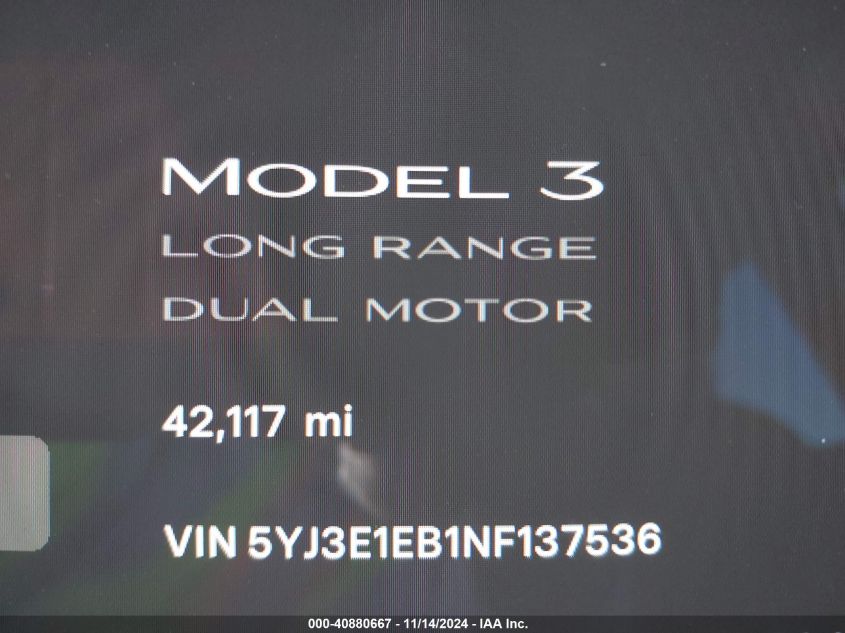 2022 Tesla Model 3 Long Range Dual Motor All-Wheel Drive VIN: 5YJ3E1EB1NF137536 Lot: 40880667