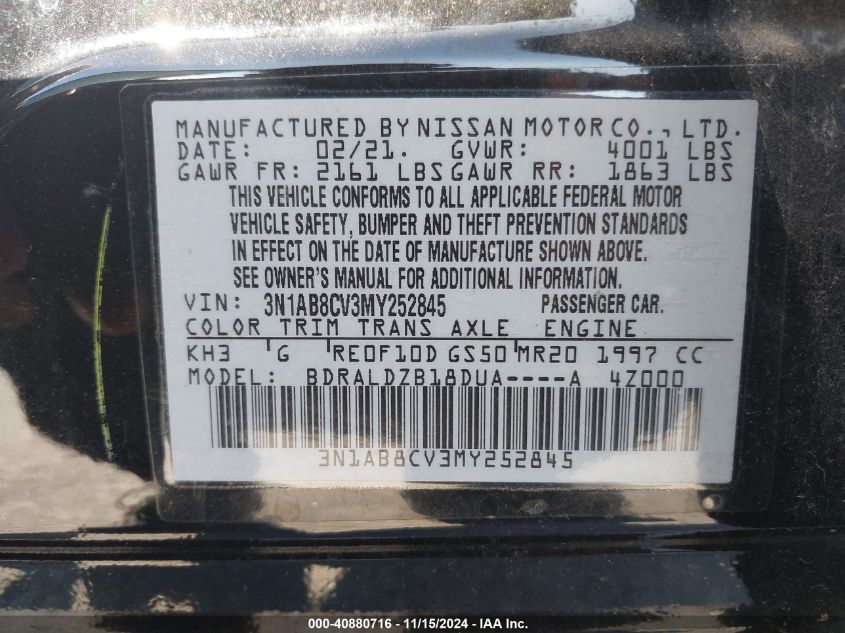 2021 Nissan Sentra Sv Xtronic Cvt VIN: 3N1AB8CV3MY252845 Lot: 40880716